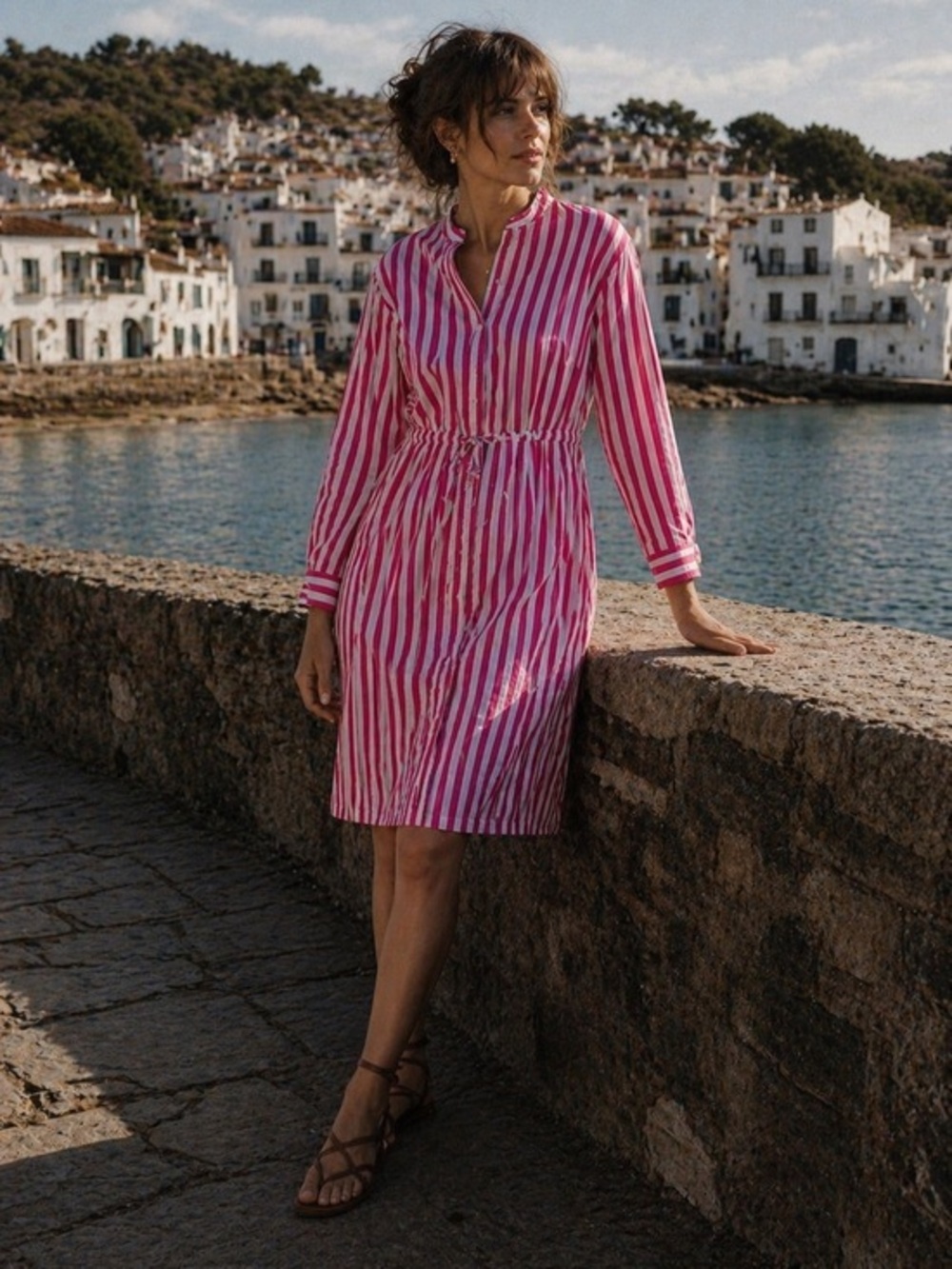 0039 Italy pink and white striped cinch waist long sleeve shirt dress